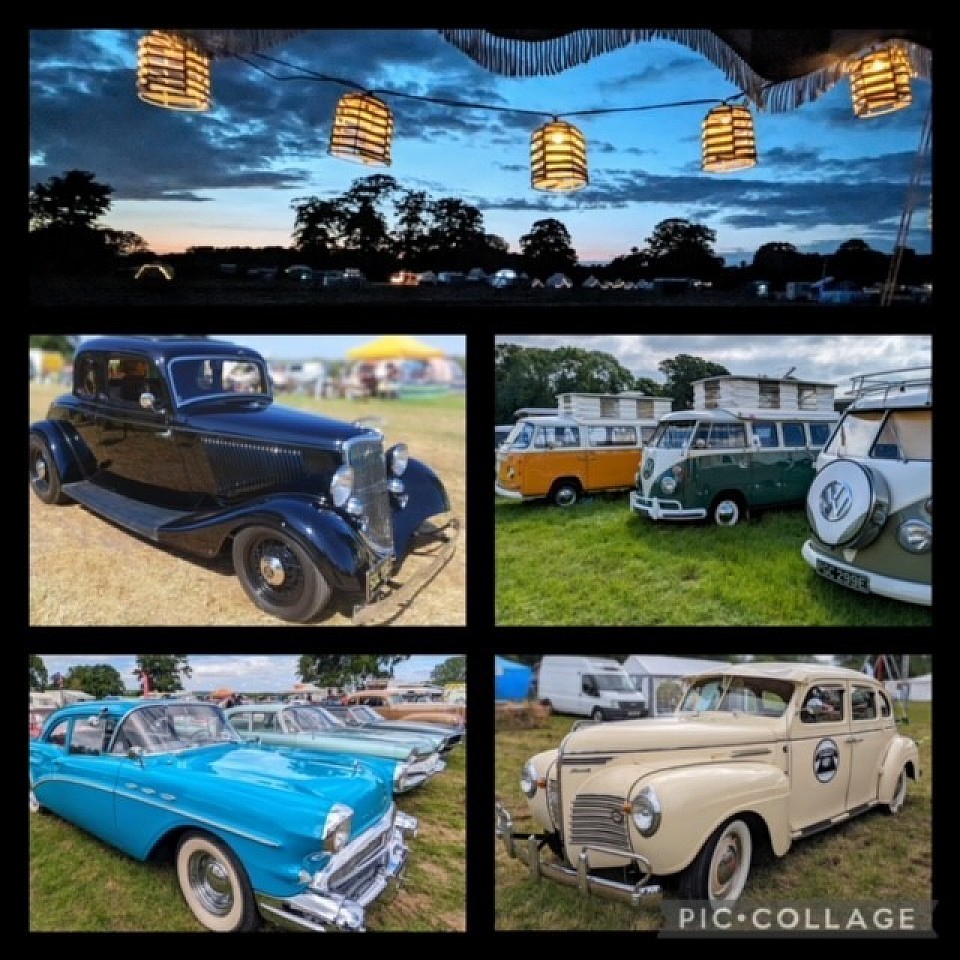 Vintage Nostalgia Festival 2024 classic cars, american classics, vwbus, vw campervan, sunset, caravan, camping, whitewall tyres, Wiltshire